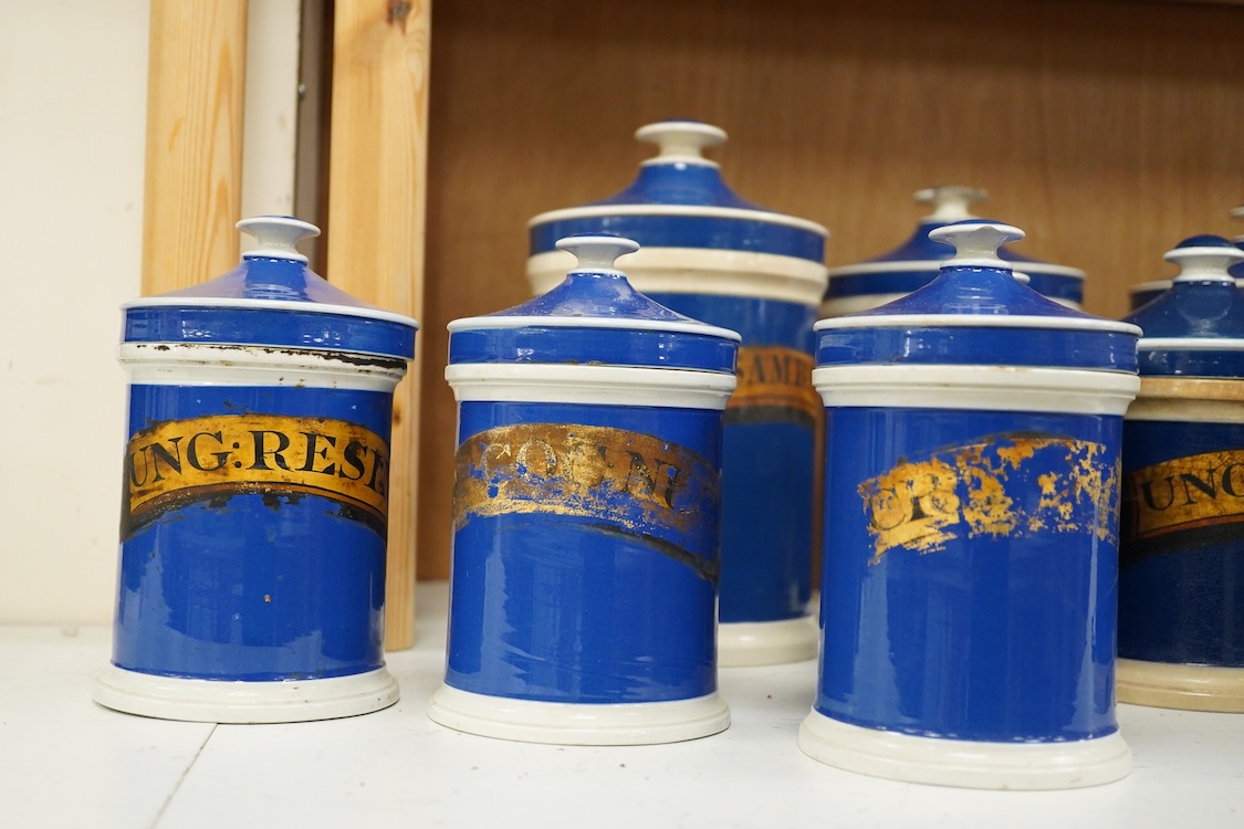 A collection of thirteen 19th/early 20th century blue ceramic lidded apothecary jars, with labels painted onto gilt panel, examples including; Ung: Zinci., Ung: Samb: Vir., Ung: Resin:, Ol: Palmae., etc. tallest 24.5cm,